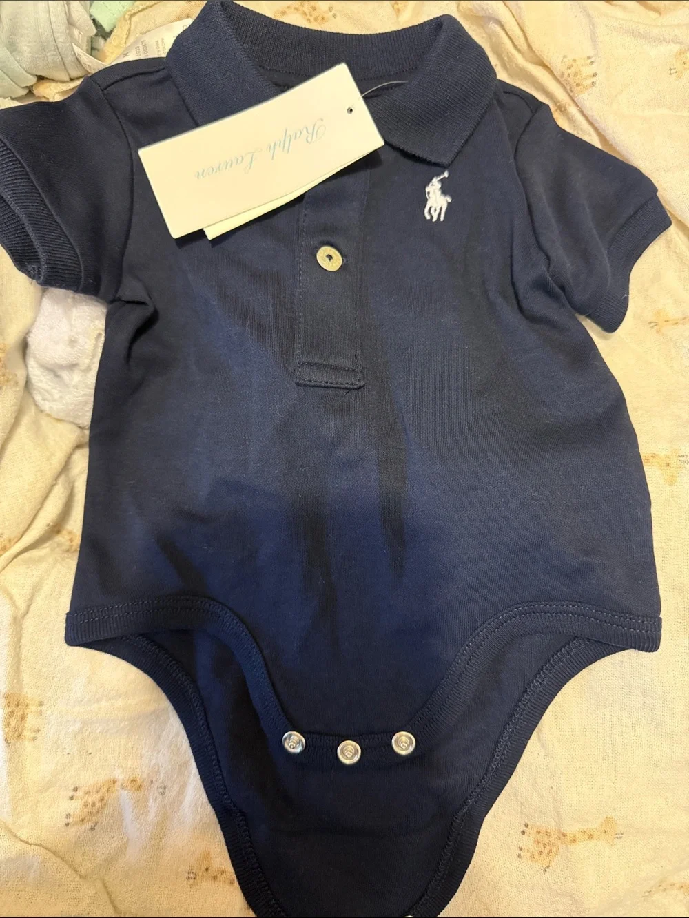 Ralph Lauren Navy Blue Baby Polo Onesie with White Pony